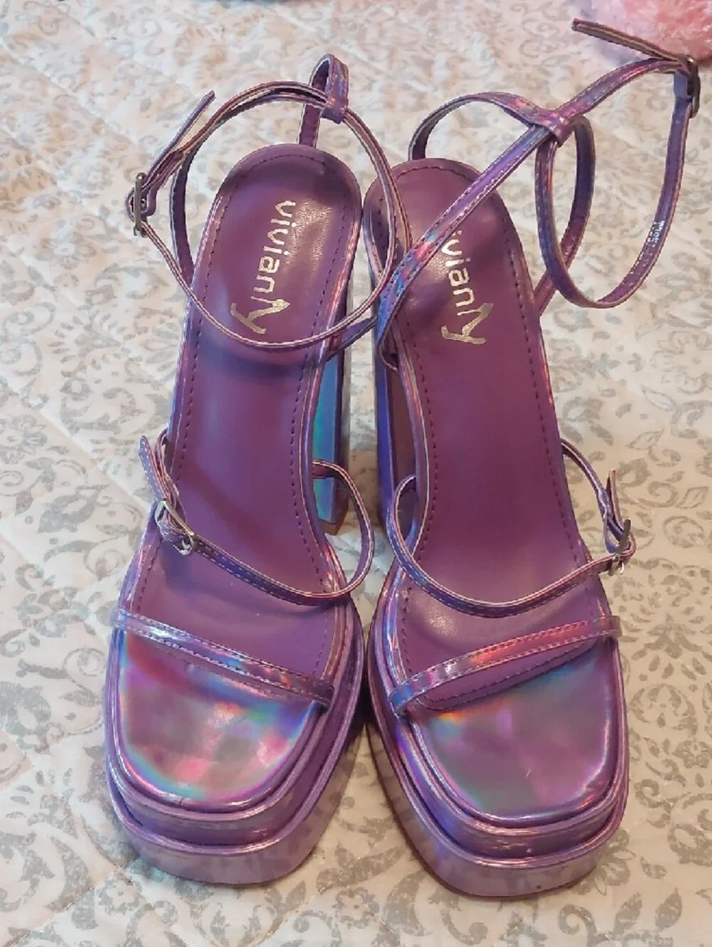 Purple Holographic Platform Heeled Sandals with Ankle Strap